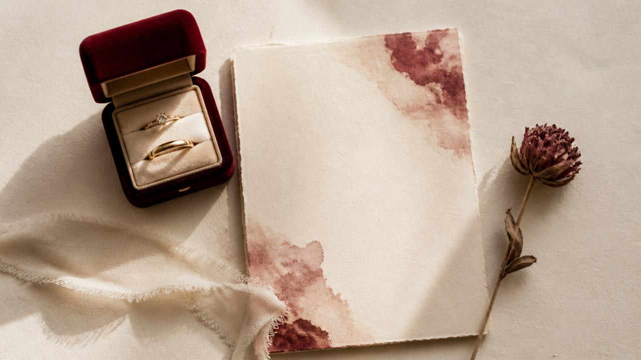 A velvet wedding ring box beside a hand-painted invitation and dried flower