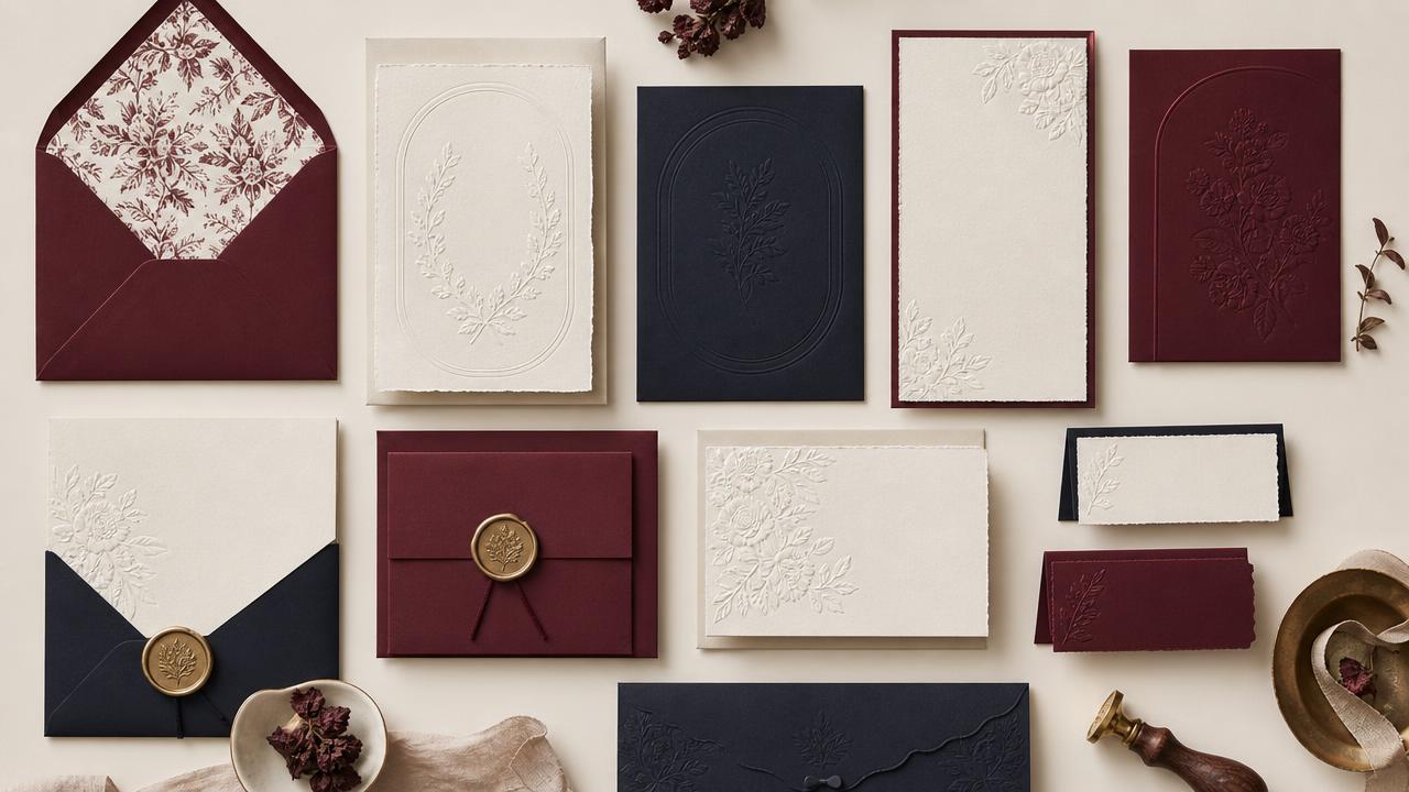 Curated grid of premium wedding stationery designs in oxblood and ink tones