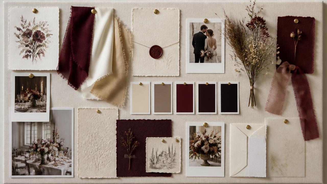 Wedding mood board with fabric swatches, colour chips, and polaroid photos