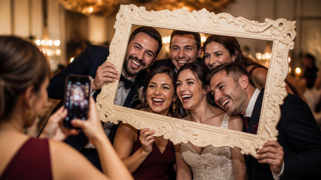 Wedding guests posing with a vintage photo booth frame at a reception