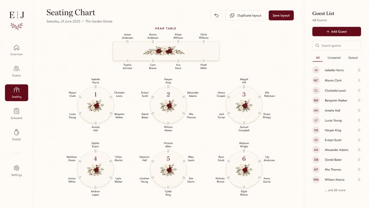 Digital seating chart interface with circular tables and guest names