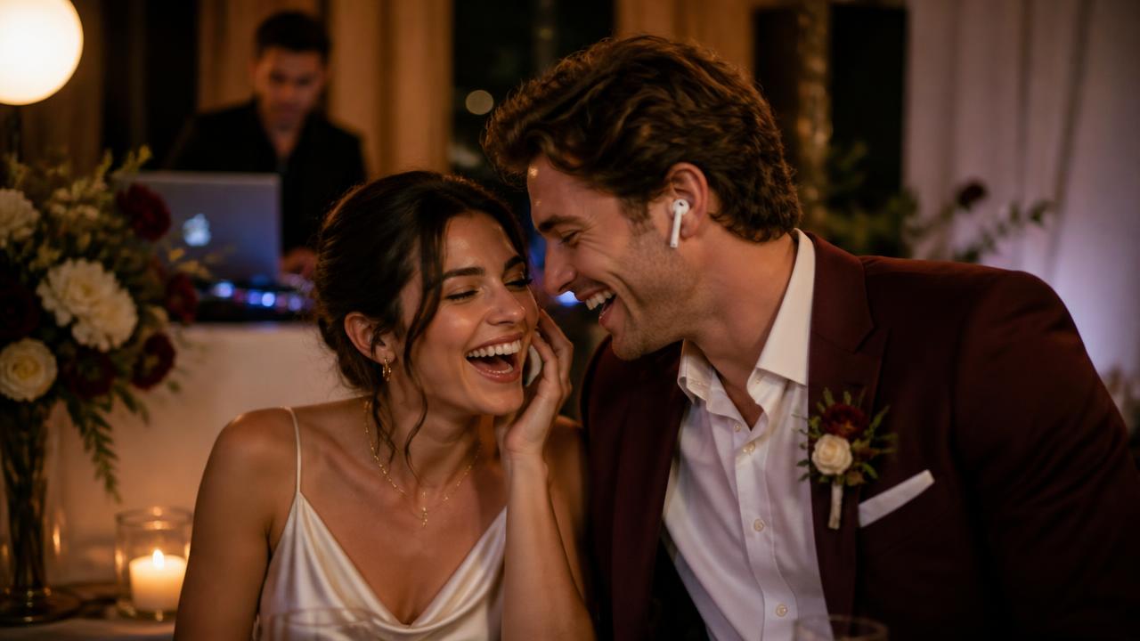 Couple sharing wireless earbuds at a wedding reception with DJ in the background