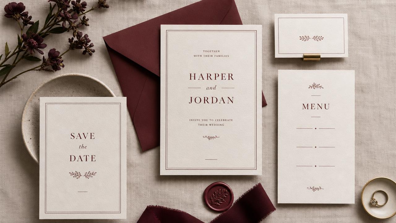 Elegant wedding stationery suite with invitation, save-the-date, menu, and placecard