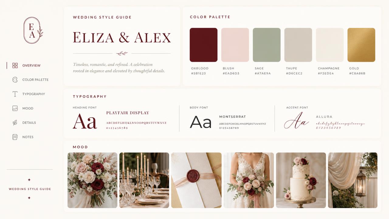 Wedding style guide dashboard with colour palette, typography, and mood photos