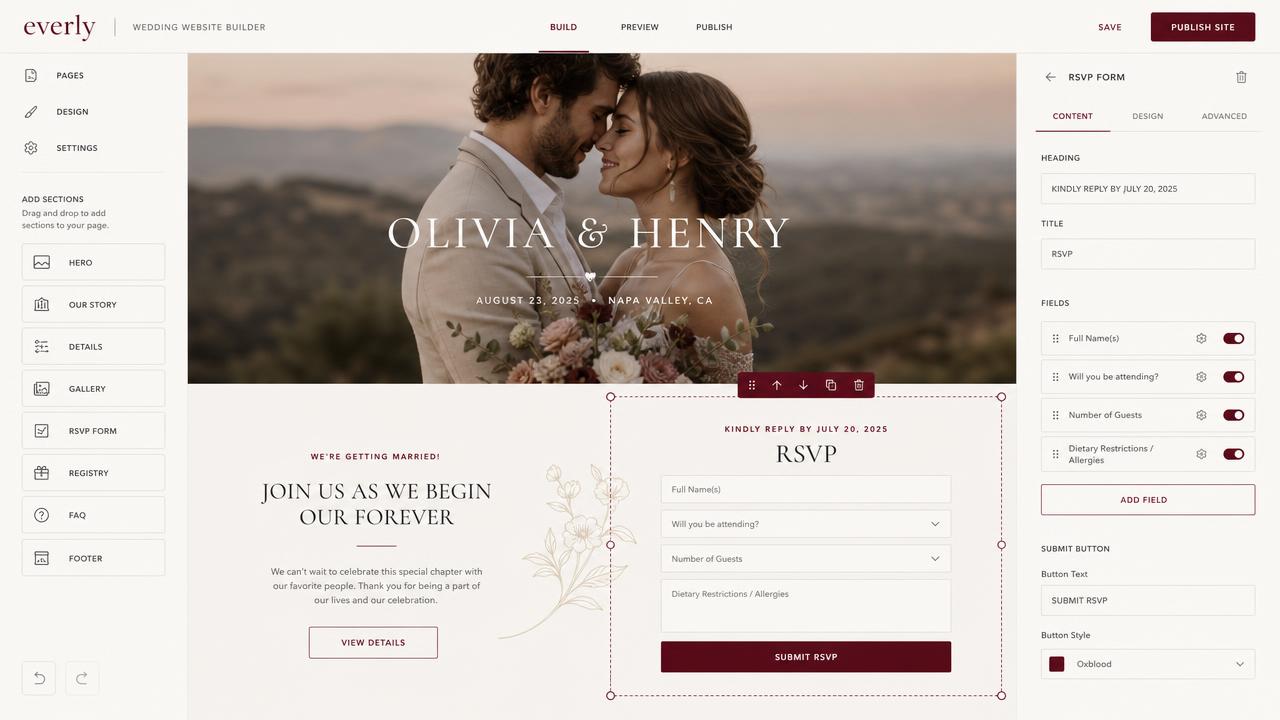 Wedding website builder interface with couple photo and RSVP form